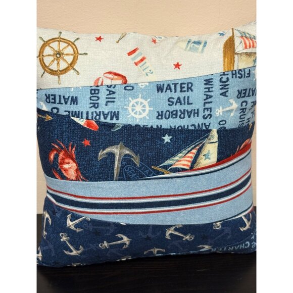 Nautical Decorative Pillow Anchor & Sailboat Pattern Handmade Cotton Blend 9"X9" - Picture 2 of 7